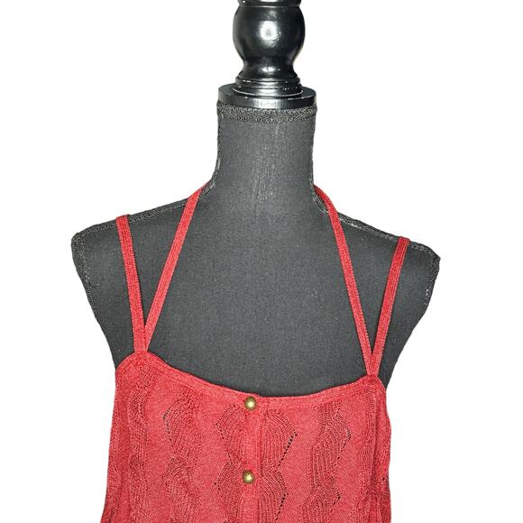 Free People Halter Neck Mini Dress Red Backless Sheer Front Button Crochet S - Picture 2 of 7